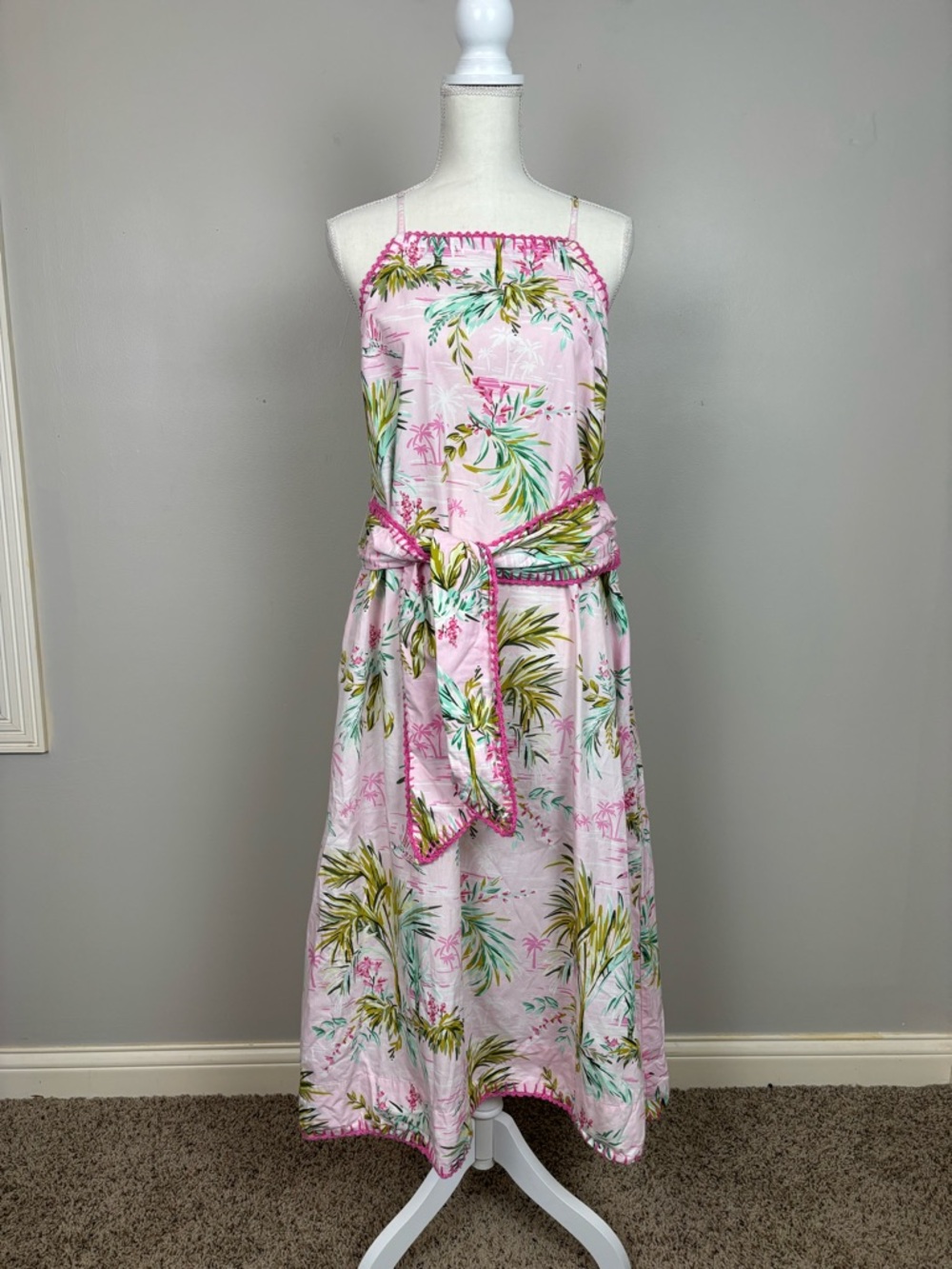 Crown & Ivy Dress Womens Lg Pink Sleeveless Belted Tropical Print Maxi‎ Pockets